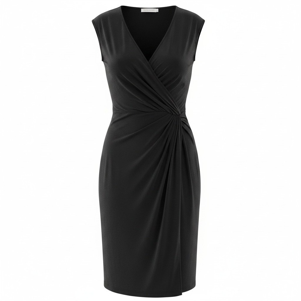 Catherine Malandrino Black Faux Wrap Dress M Ruched Office Siren Midi